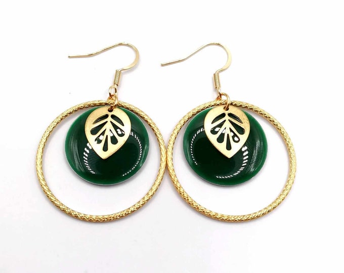 Stainless steel, gold and fir green earrings