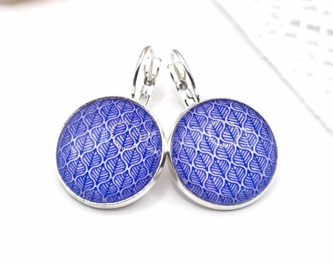 Cabochon sleeper earrings with geometric patterns, 925 Sterling silver earrings, blue and white