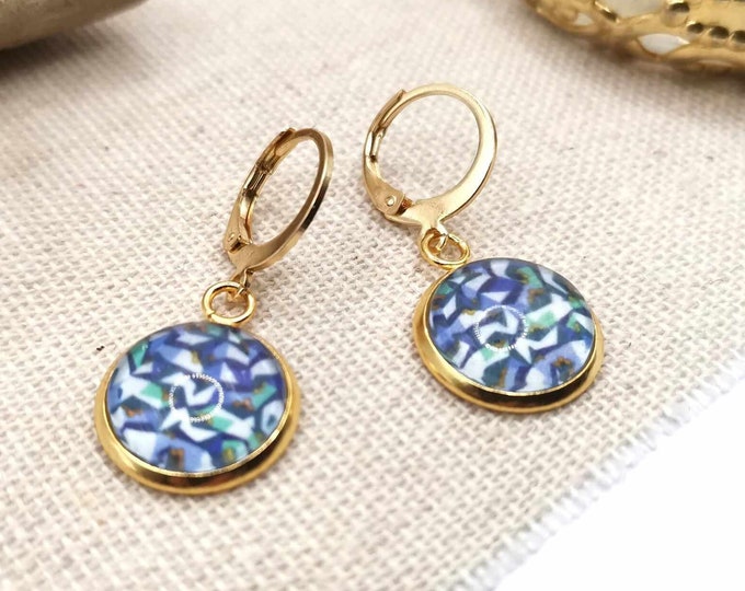 Gold stainless steel earrings, geometric glass cabochon
