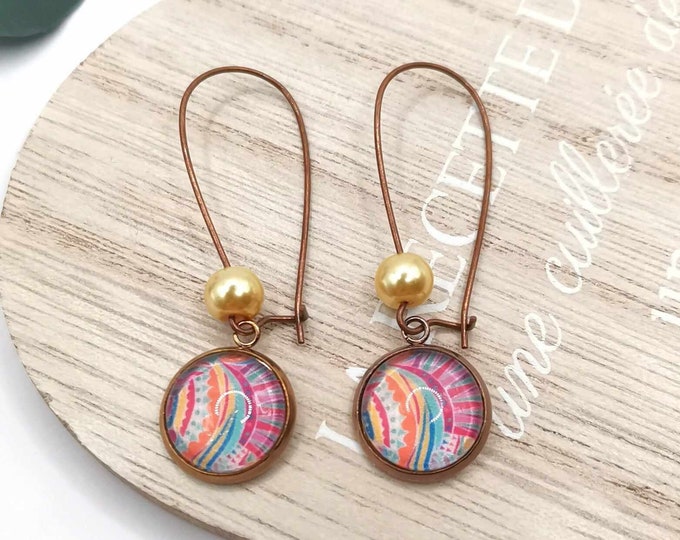 Cabochon earrings with geometric patterns, pink bronze sleepers, long earrings