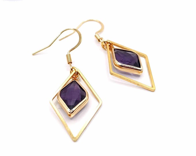 Stainless steel diamond, gold and purple earrings