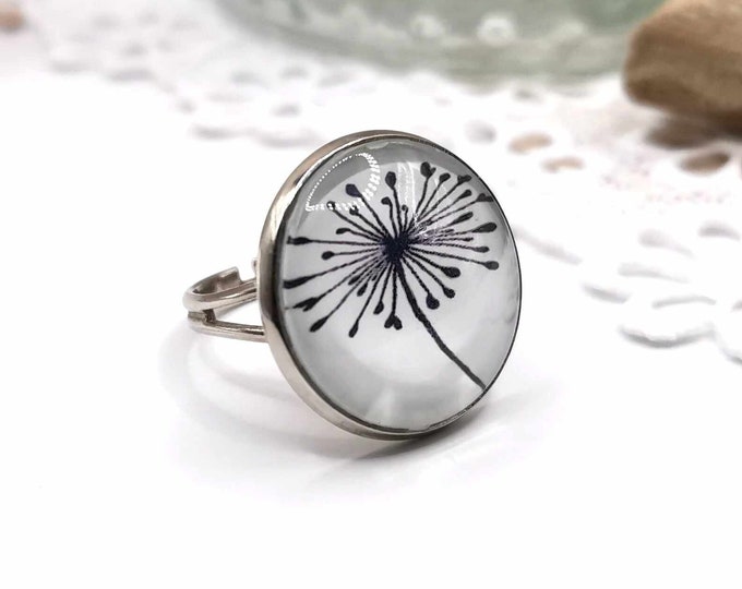 Dandelion flower cabochon ring, adjustable silver ring