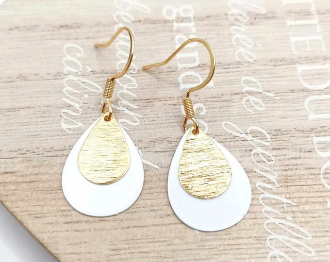 Stainless steel drop earrings, gold and white