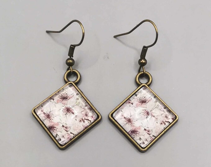 Cherry blossom cabochon earrings, diamond earrings