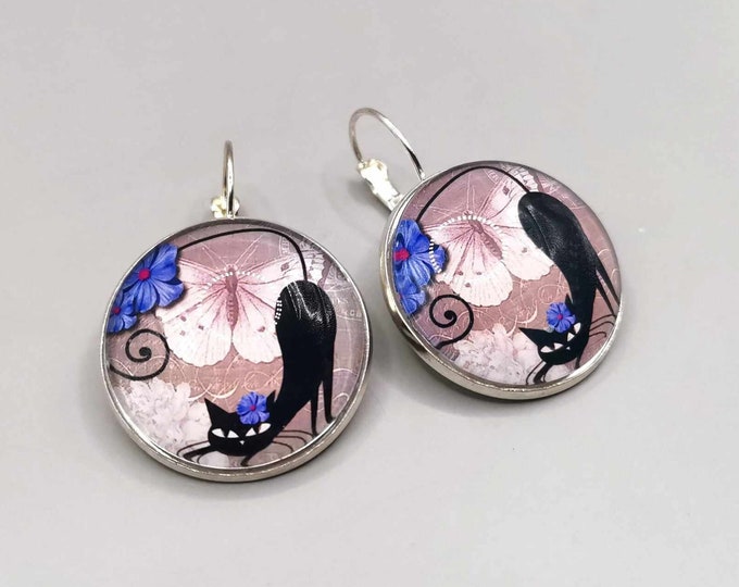 Large cabochon cat earrings, 925 Sterling silver sleepers