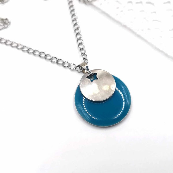 Collier acier inoxydable, pendentif bleu