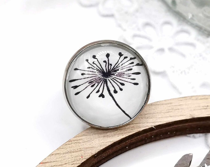 Dandelion flower cabochon ring, adjustable silver ring