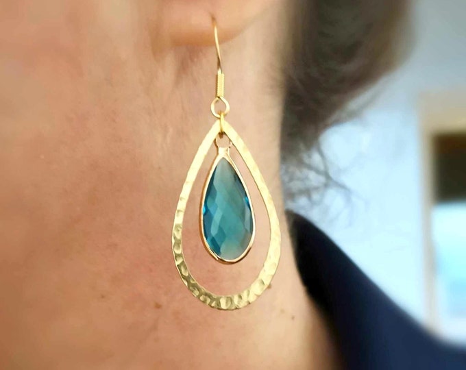 Stainless steel drop earrings, gold and blue