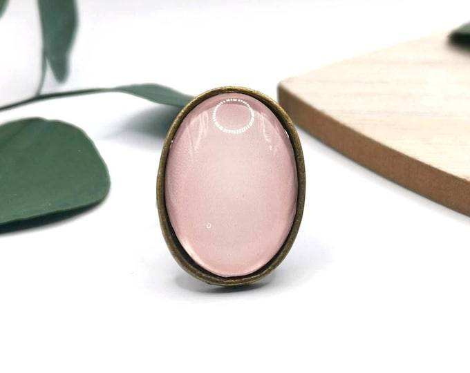 Oval pink cabochon ring, adjustable bronze ring