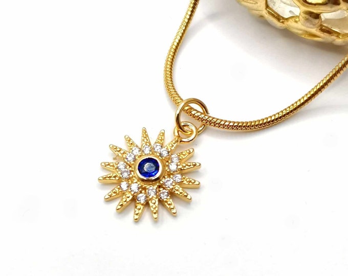 Gold stainless steel necklace, zircon sun and blue glass