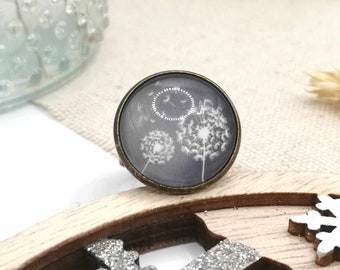 Dandelion flower cabochon ring, adjustable bronze ring