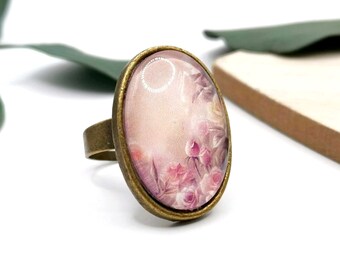 Oval cabochon rose ring, adjustable bronze ring