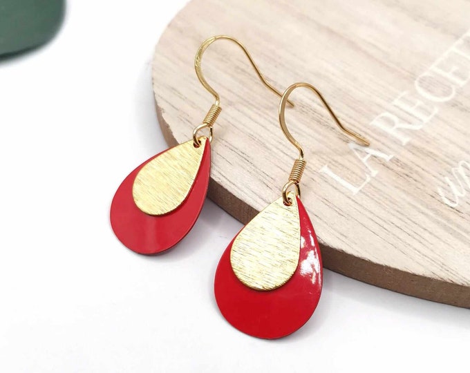 Stainless steel drop earrings, gold and red