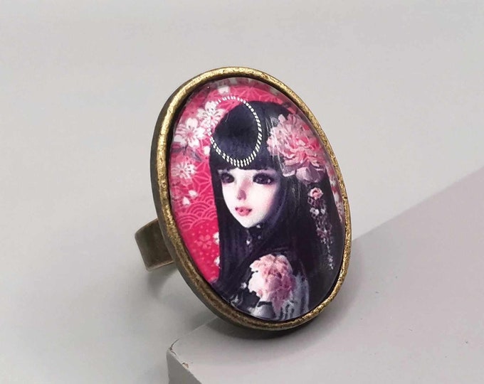 Oval cabochon geisha ring, adjustable bronze ring