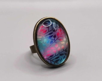 Oval cabochon colored leaves ring, adjustable bronze ring
