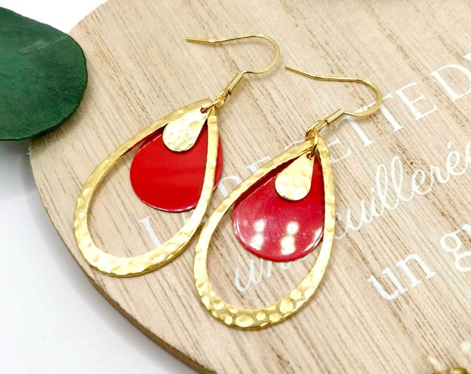 Stainless steel drop earrings, gold and red