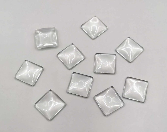 10 cabochons 15 x 15 mm, square transparent glass dome