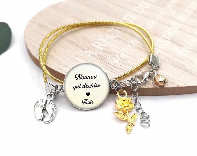 Cabochon thank you bracelet "nanny who rocks", customizable nanny gift, personalized bracelet, child's first name