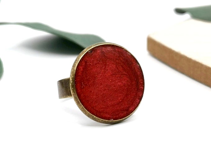 Red epoxy resin ring, adjustable bronze ring