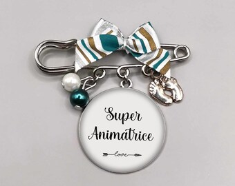 Broche cabochon animatrice "super animatrice", cadeau collègue, texte à personnaliser