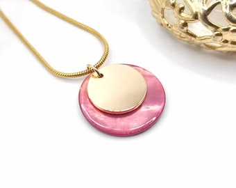 Collier acier inoxydable or, coquille de nacre rose