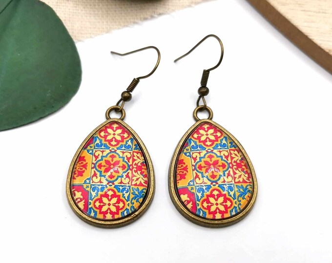 Mosaic cabochon earrings, drop earrings