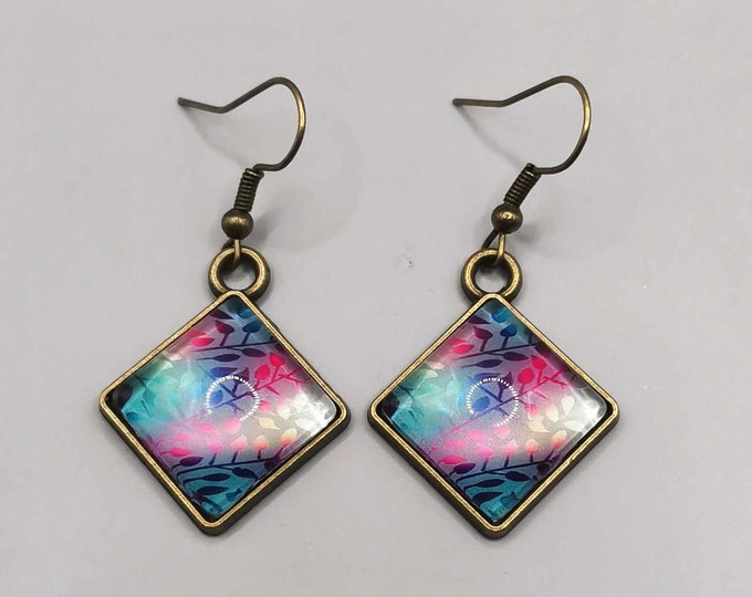Colorful leaf cabochon earrings, diamond earrings