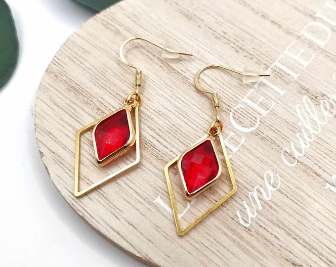 Stainless steel diamond, gold and red earrings