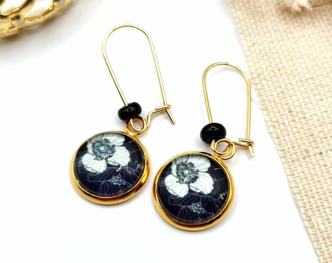 Gold stainless steel sleepers, flower glass cabochon, black and white