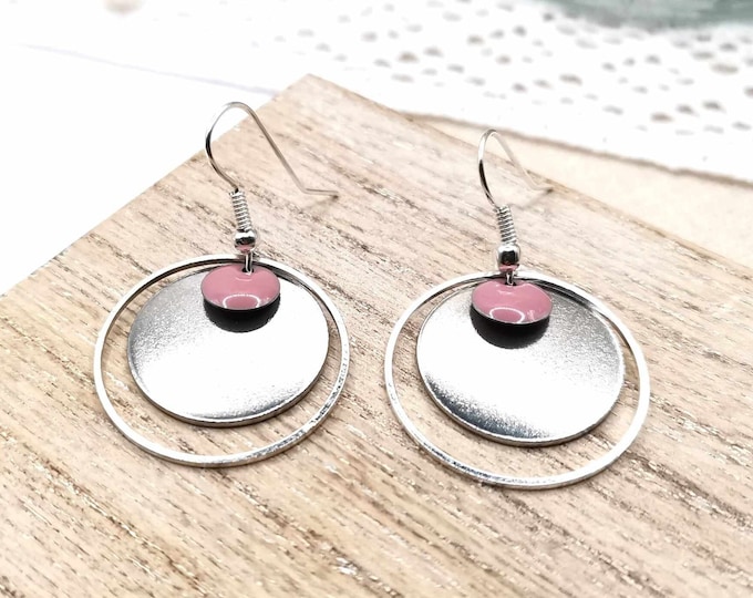 Round earrings, old pink and silver