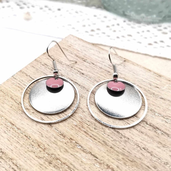 Boucles d'oreilles rondes, vieux rose et argent