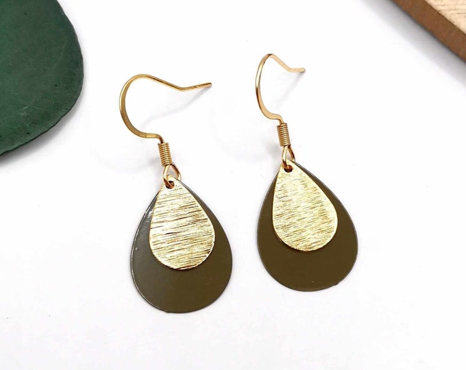 Stainless steel drop earrings, gold and brown