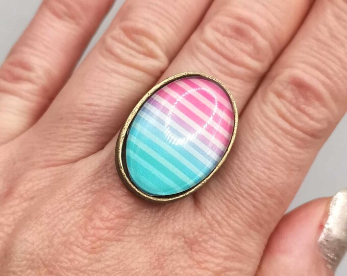Oval striped cabochon ring, adjustable bronze ring