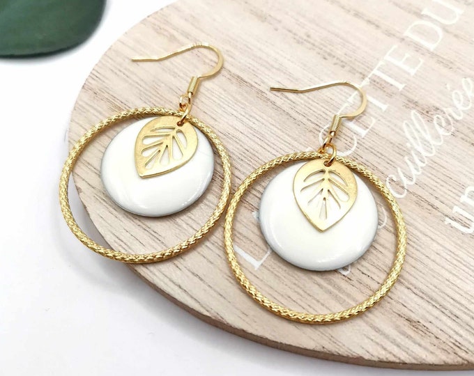 Stainless steel, gold and white earrings