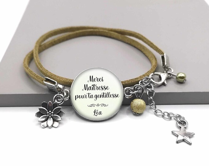Cabochon bracelet "thank you teacher for your kindness", teacher gift, customizable, child's first name, end of school year gift