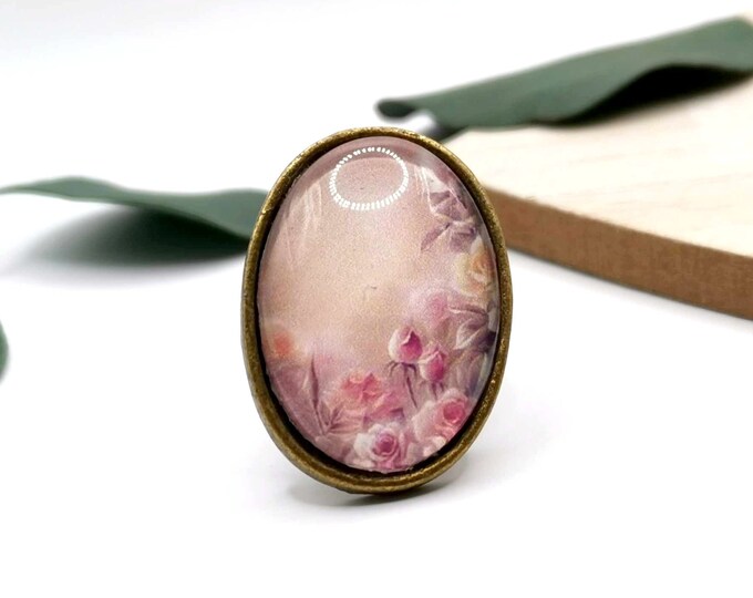 Oval cabochon rose ring, adjustable bronze ring