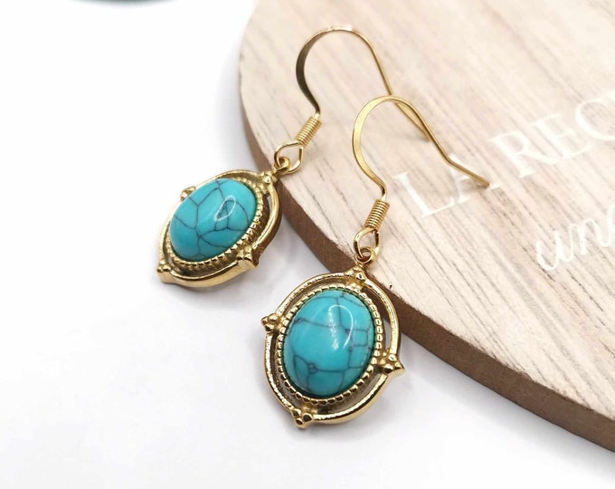 Stainless steel, gold and real turquoise earrings