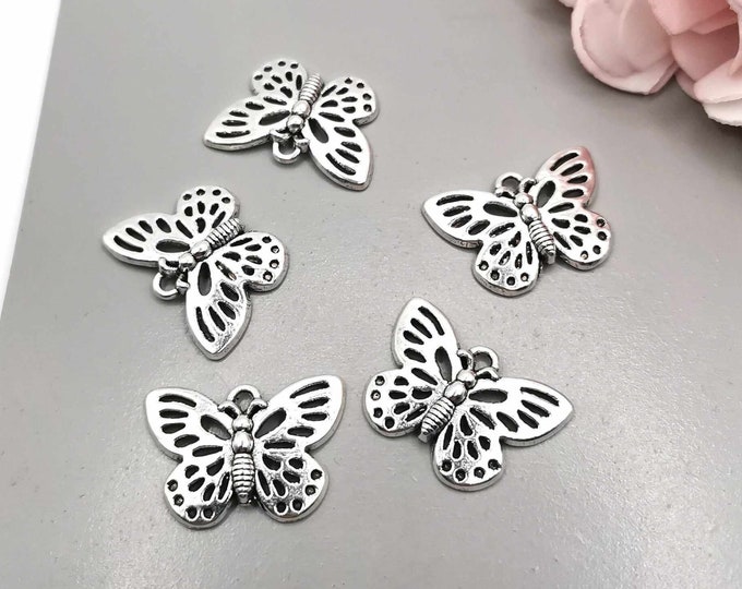 5 butterfly charms in silver metal, 17 x 25 mm