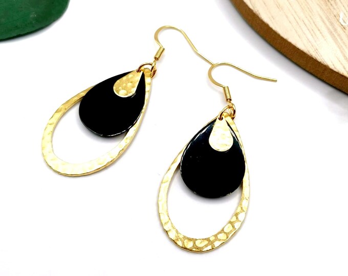 Stainless steel drop earrings, gold and black