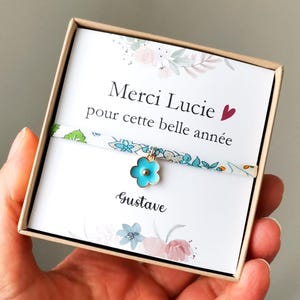 Bracelet merci pour cette belle année, cadeau maîtresse, atsem, message personnalisé, liberty, écrin offert