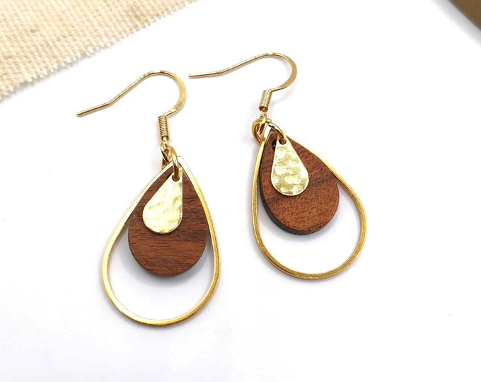 Stainless steel, gold and wood earrings