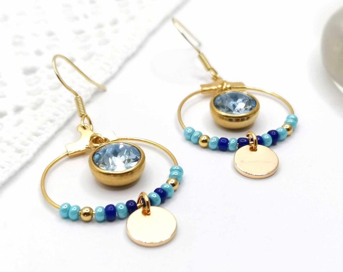 Creole earrings, stainless steel, gold and blue