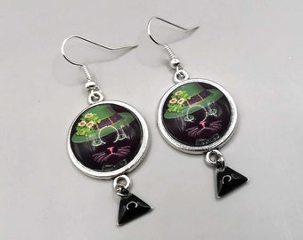 Black cat cabochon earrings, Saint Patrick