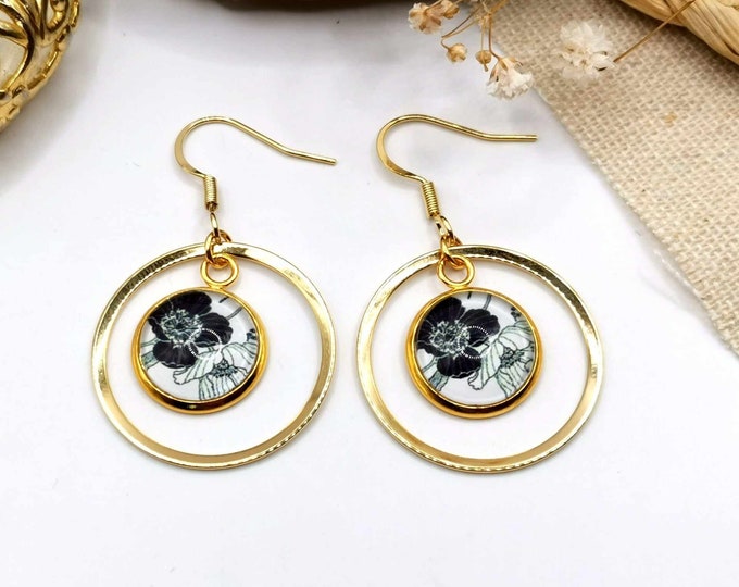 Stainless steel, gold, flower cabochon earrings