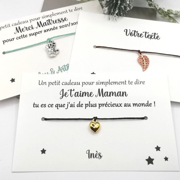 Carte bracelet à nouer, cadeau maîtresse, nounou, atsem, marraine, cadeau personnalisable, message personnalisé + prénom enfant