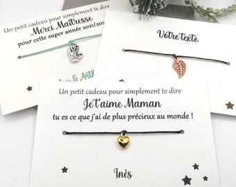 Carte bracelet à nouer, cadeau maîtresse, nounou, atsem, marraine, cadeau personnalisable, message personnalisé + prénom enfant