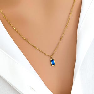 Rectangle Blue Sapphire Pendant Necklace - Faceted Glass, 18k Gold Plated Stainless Steel, Elegant Jewelry Gift for Women