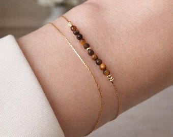 Double Row Tiger's Eye Bracelet, 18K Gold Plated – Stainless Steel & 2mm Tiger's Eye Beads, Women's Energy Jewelry, Elegant Gift