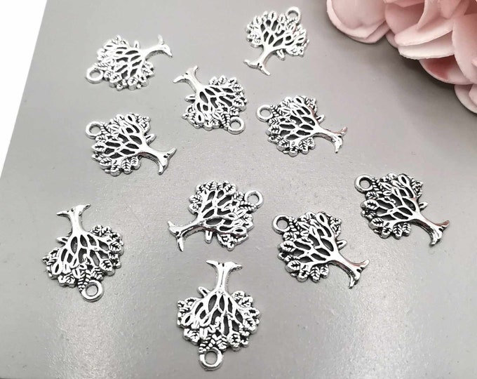 10 tree of life charms in silver metal, 21 x 16 mm