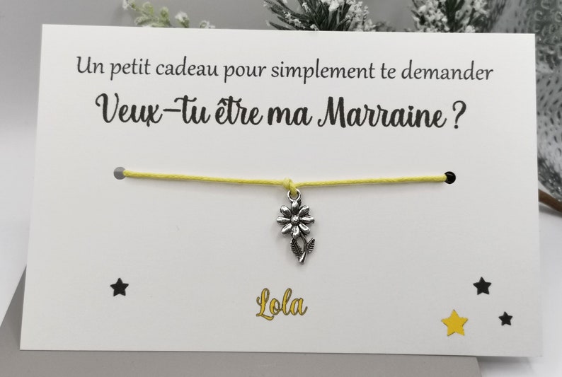 Carte bracelet à nouer, cadeau maîtresse, nounou, atsem, marraine, cadeau personnalisable, message personnalisé prénom enfant Fleur